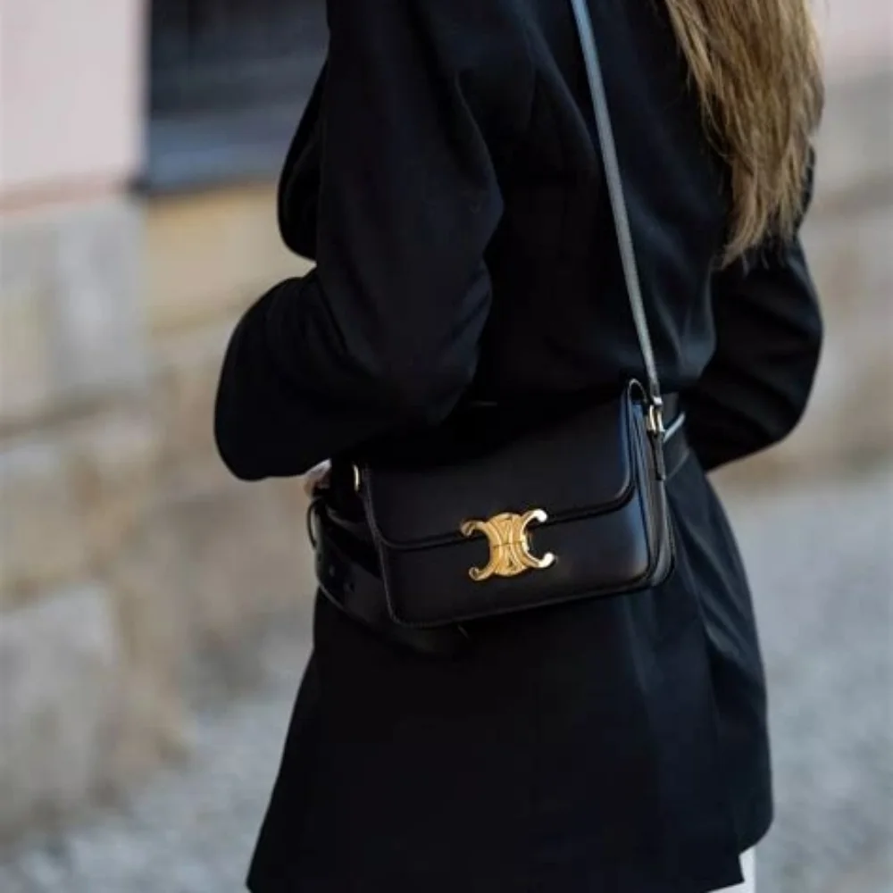 New! MSRP $4250 Authentic CELINE TRIOMPHE BAG IN BLACK Shiny Calfskin BLACK - Picture 4 of 16